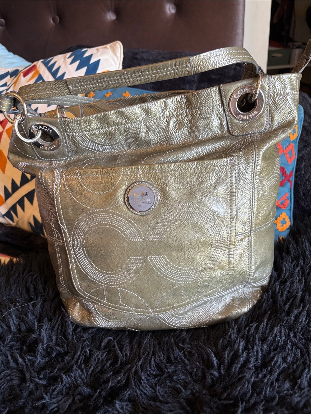 Coach Alex Metallic Olive Green Leather Shoulder Bag